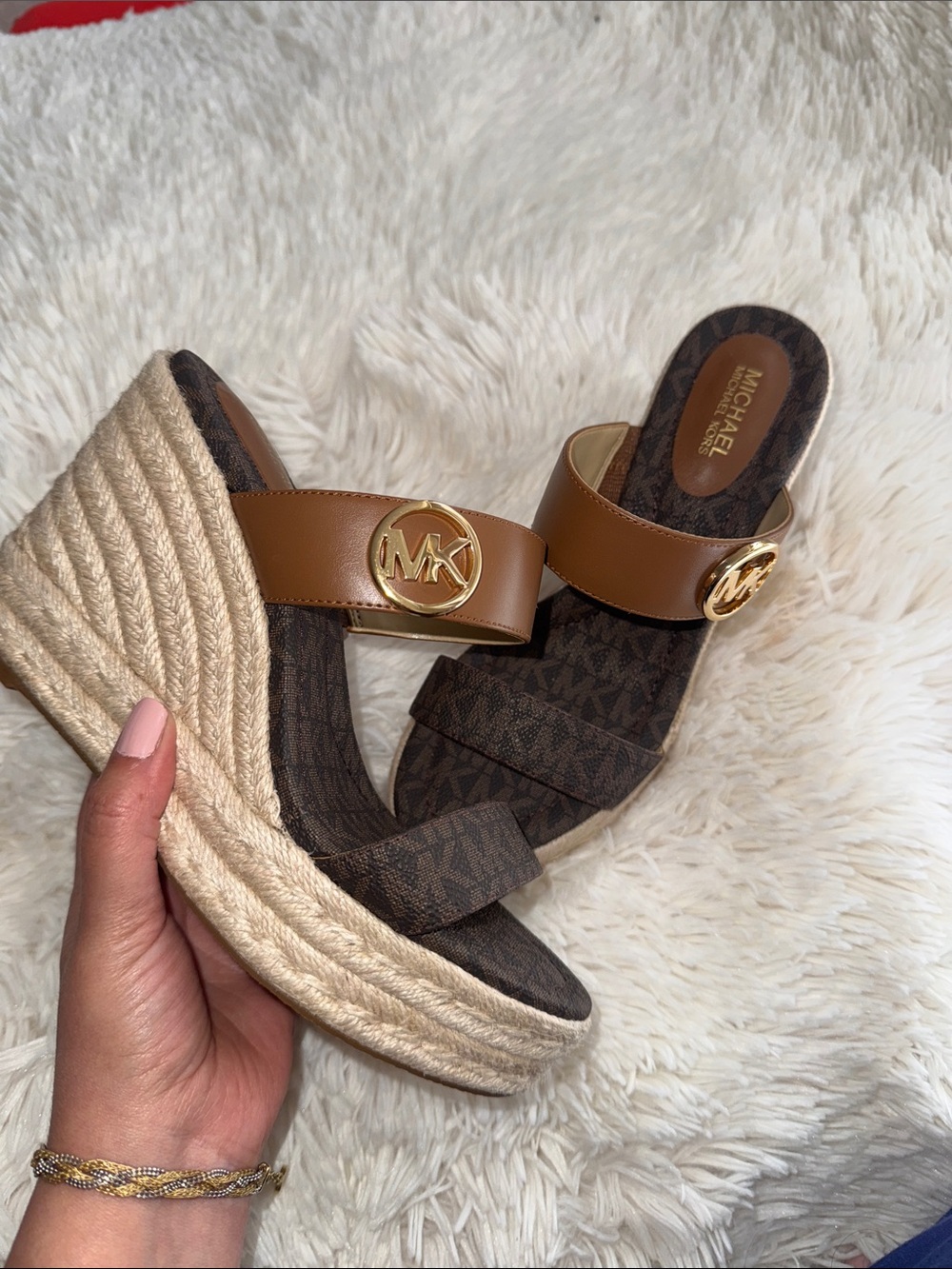 Michael Kors Brown and Tan MK Logo Espadrille Wedge Sandals